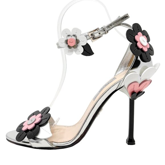 Prada Shoes - Prada Silver Floral Sandals 38 Patent Leather Heels Spring 2017 Runway Shoes